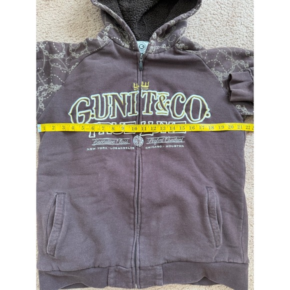 GUNIT&CO TRUE LUXE Hoodie Mens XL‎ Brown Sherpa Lined Chain Print Full Zip Y2K - Picture 5 of 7